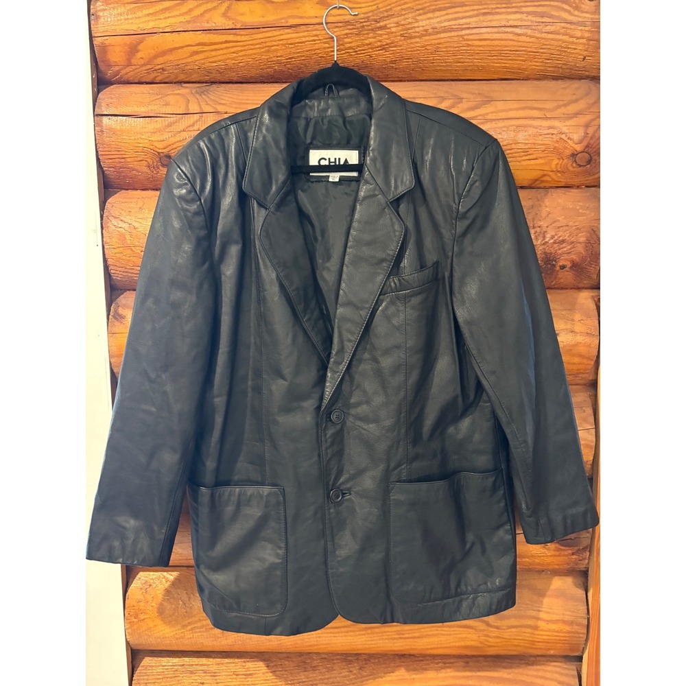 CHIA Black Leather Blazer Jacket Mens XL‎ Single Breasted Button Front